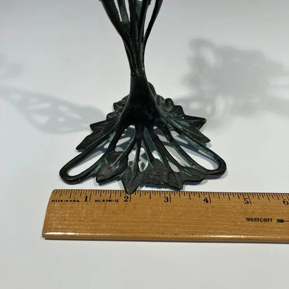 Vintage Art Nouveau Bronze Verdigris Floral Candlestick Holder 12 Inch Openwork